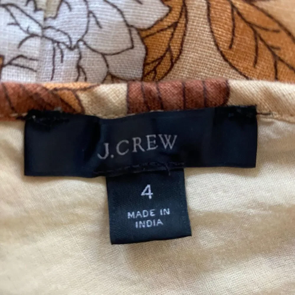 J. Crew Women's Sheath Floral Dress 4 Brown Orange Puff Sleeves Boho Cottagecore
